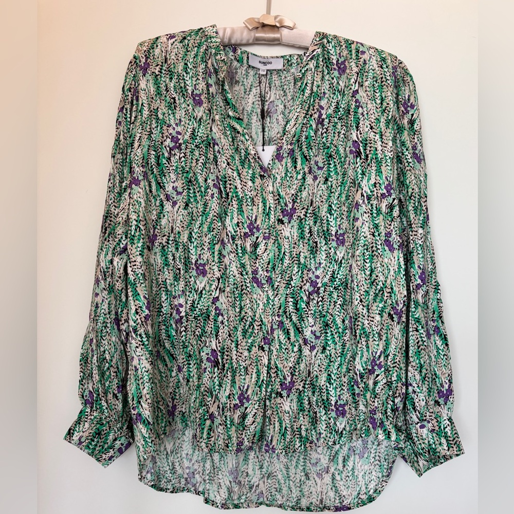 SUNCOO Green and White Long Sleeve Relaxed Blouse